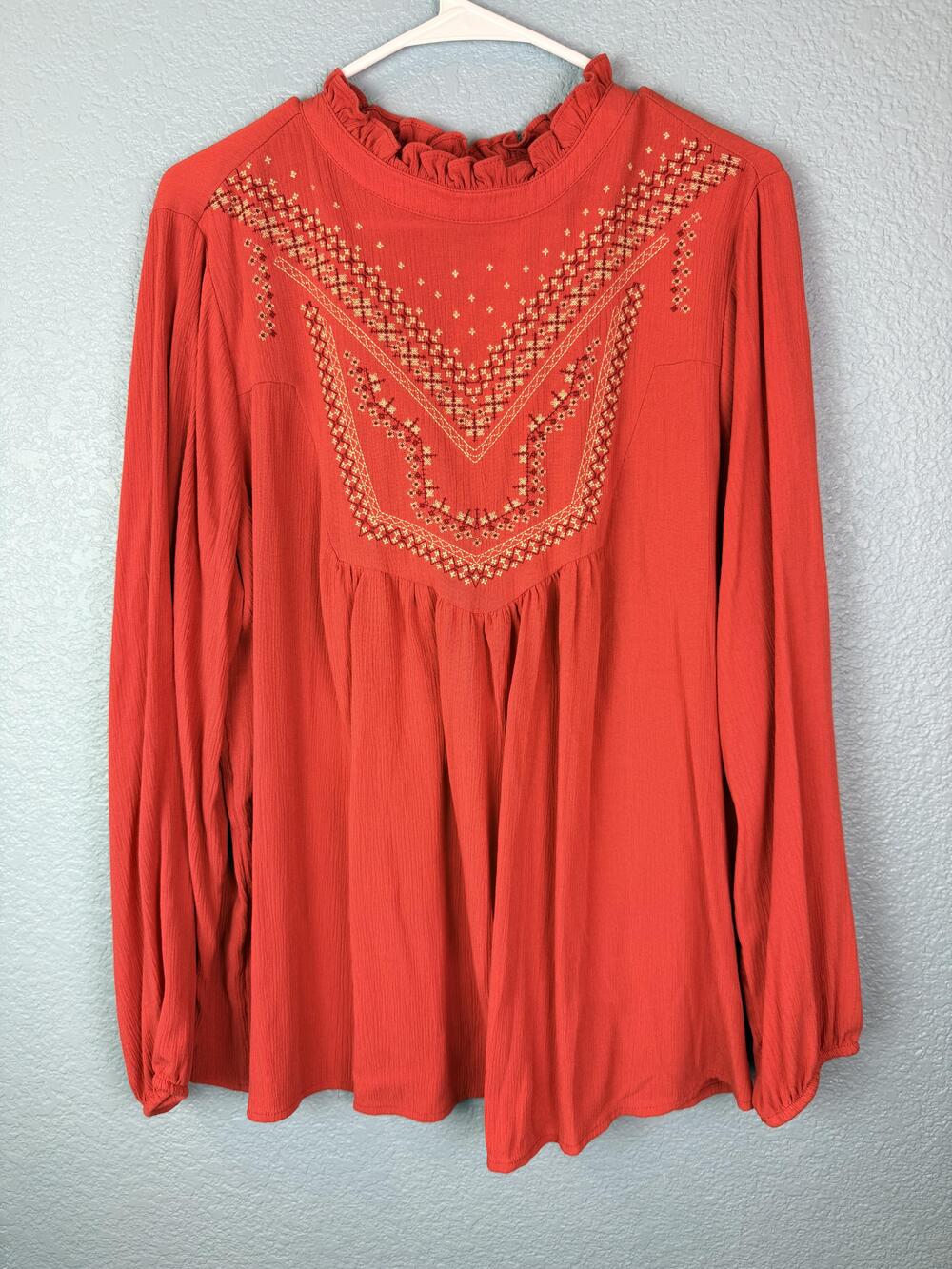 Torrid Blouse Womens 0 Orange Embroidered High Neck Long Sleeve Boho Tunic Top